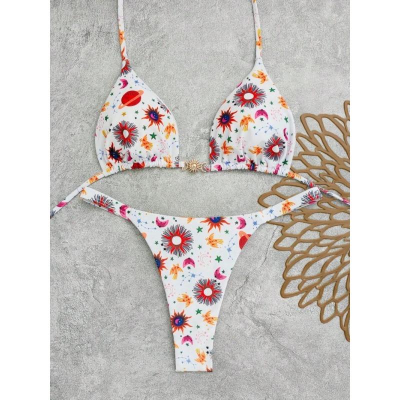 

New multi-color printed straps sexy T-bikini swimsuit L