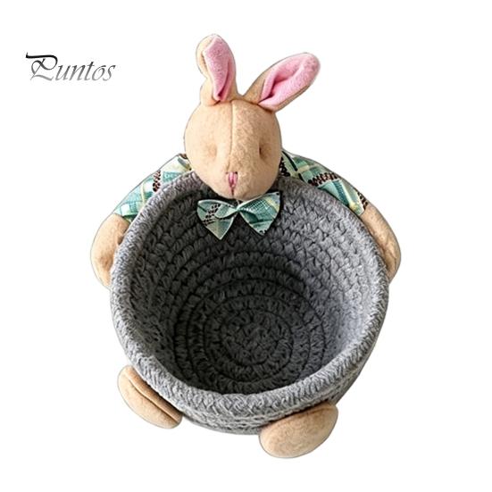 Gentle Color Storage Basket Desktop Basket, Cartoon Plush Bear And Rabbit Rope Decorative Plaid Bow Organizer Shape, Woven for Small Items Jewelry