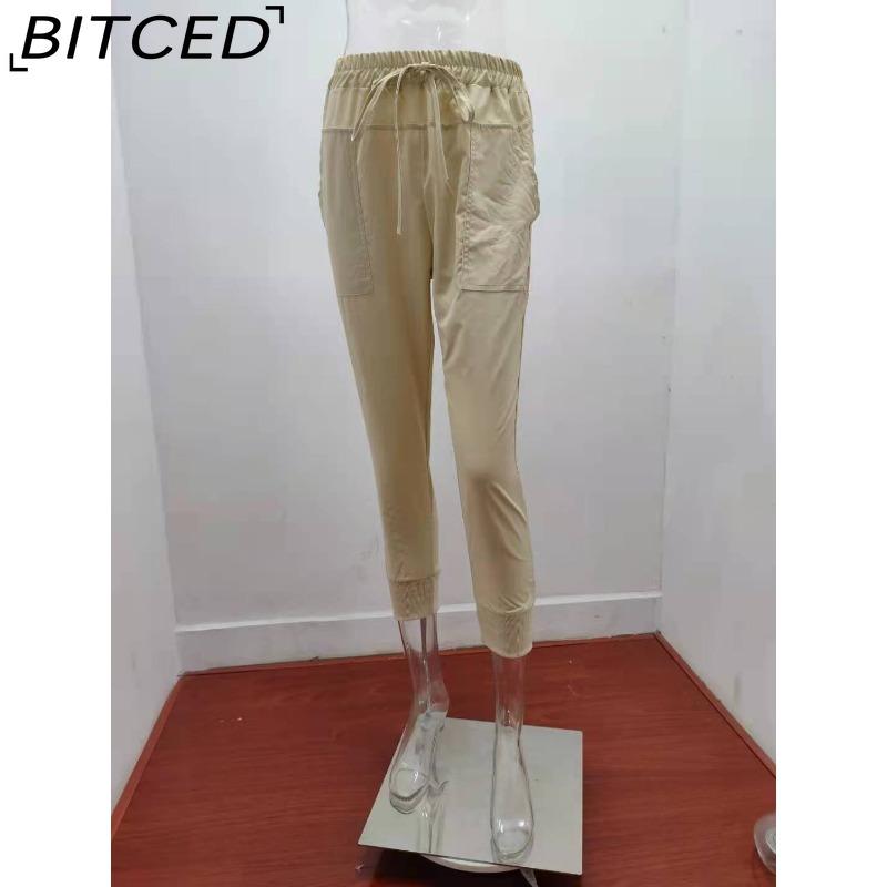 BITCED Summer Women Loose Plus Size Solid Color Simple Lace Up Slim Casual Nine Point Slimming Trousers