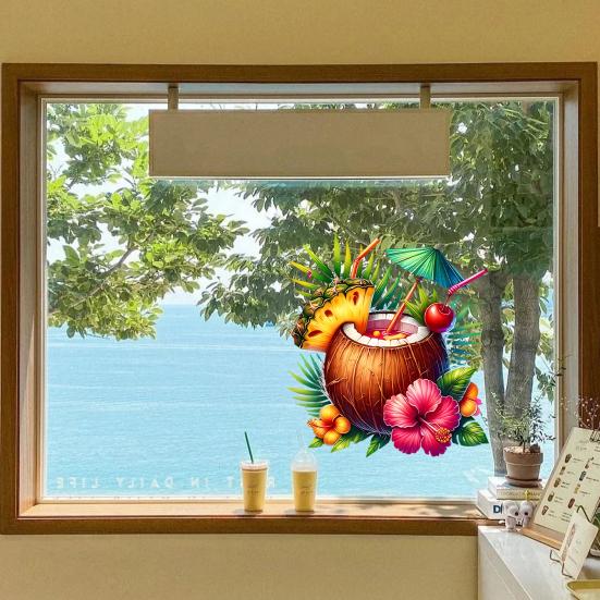 Summer Beach Window Cling Reusable Coconut Drink Pineapple Flower Static PVC Sticker Removable Hawaiian Tropical Theme Glass Decals for Living Room