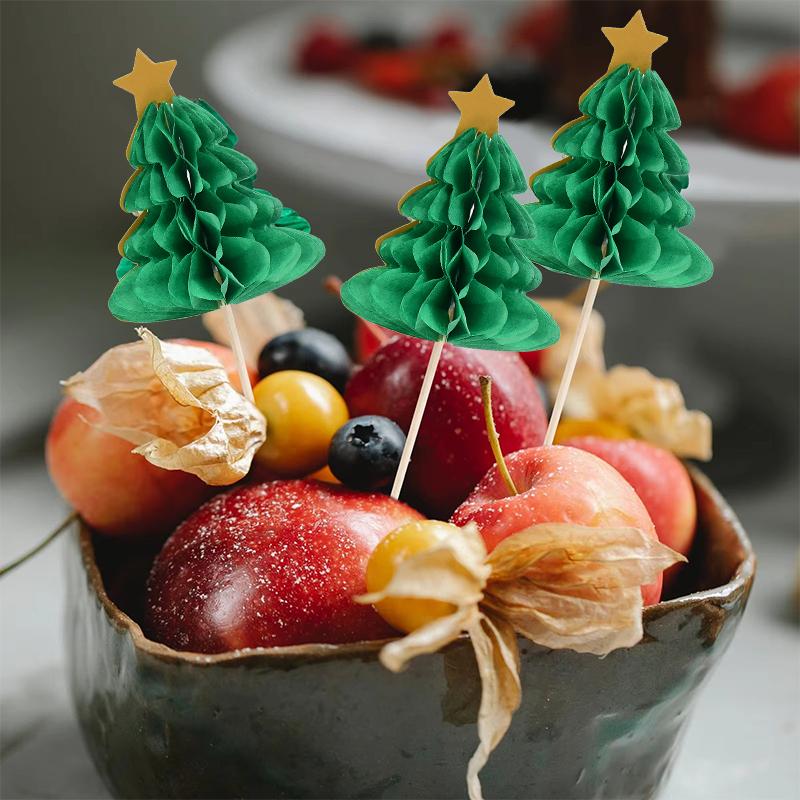 10Pcs Christmas Tree Cupcake Topper Food Fruit Picks Honeycomb Paper Straw 2024 Christmas Party Cake Decoration 2025 New Year