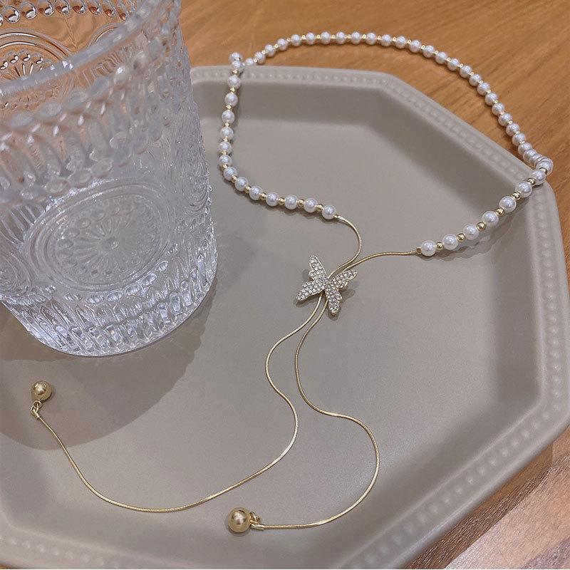 Unique Design Adjustable Tassel Imitation Pearl Chain Necklace for Women Shiny Rhinestone Butterfly Long Neck Choker Jewelry