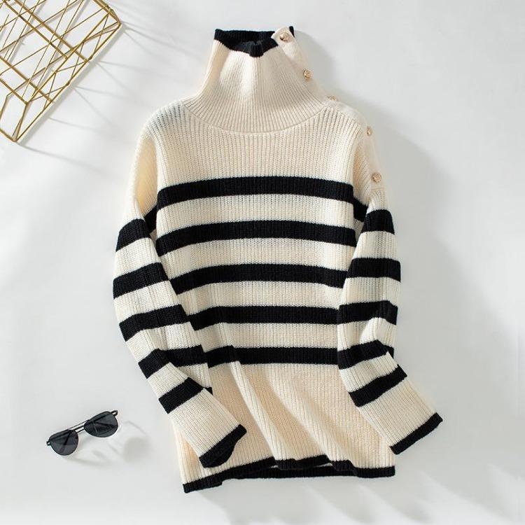 

Vintage Loose Stand Collar Long Sleeve Stripe Knitwear Sweater Pullover Top Autumn Winter S