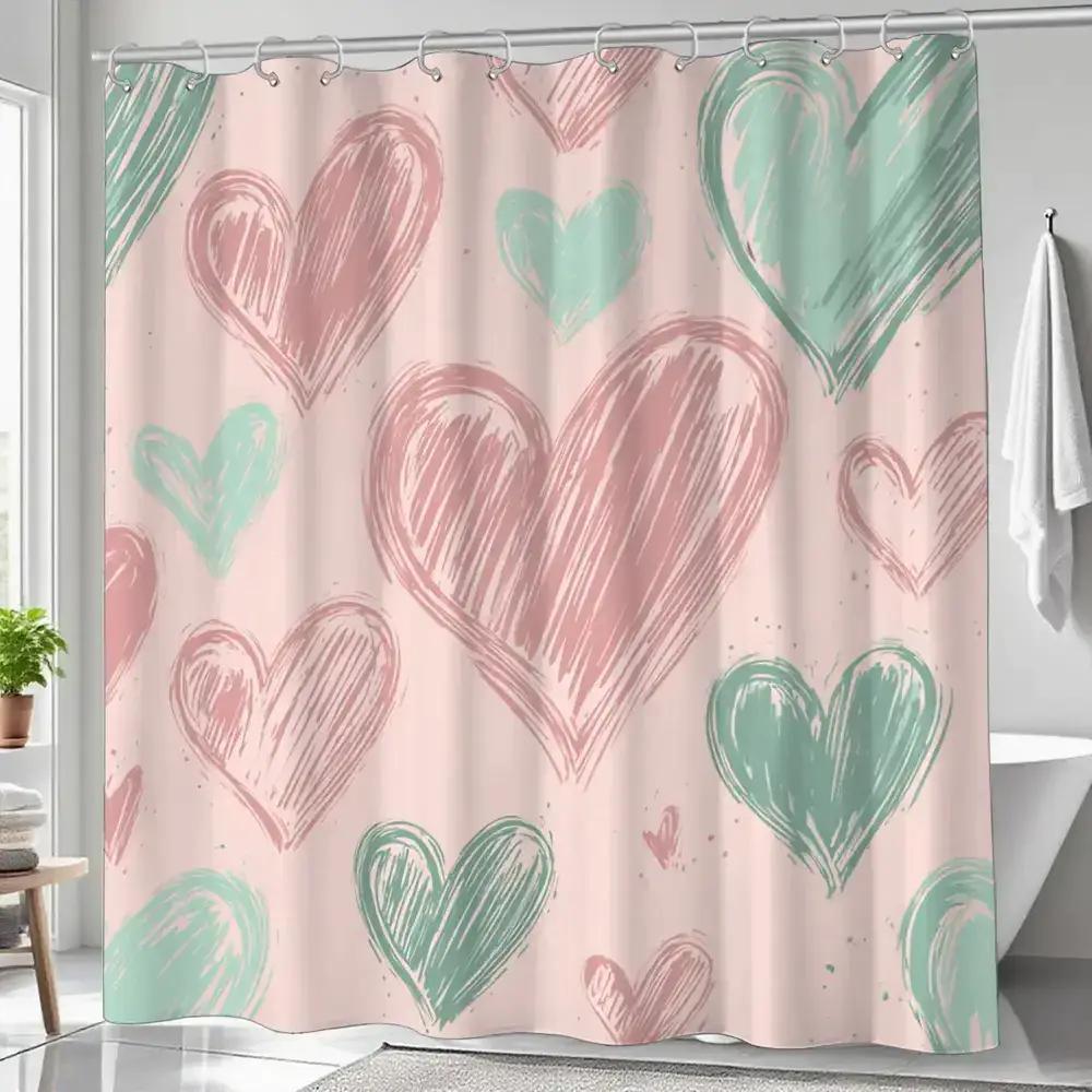 

Light Green, Sketch-Style Heart-Patterned Shower Curtain, Polyester Fabric, Machine Washable, With Hooks, Bathroom Dcor. W60H190(CM)-1 Pcs