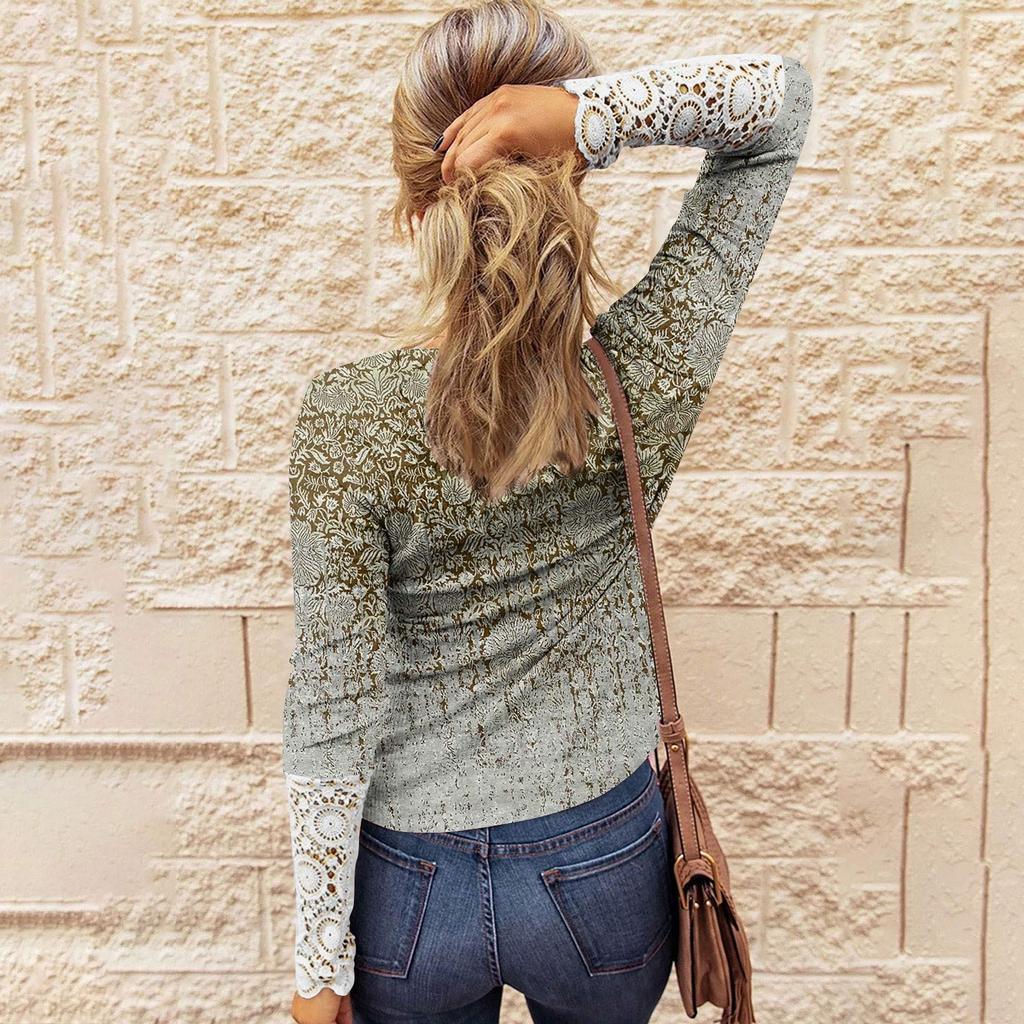 Women's Round Neck  Slim Printed Stitching Lace Long Sleeve Top