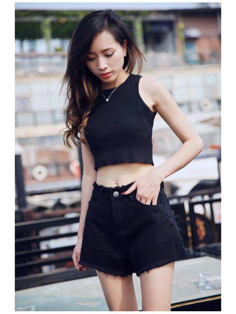 High-Waisted Elastic Denim A-Line Shorts for Women - Summer 2026 Collection, Loose Fit, Frayed Hem, Versatile and Slimming Design.