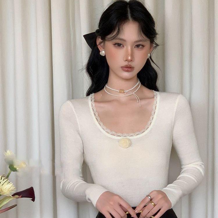 

Цветочный трикотажный свитер с кружевной отделкой - Женский облегающий топ One Size белый