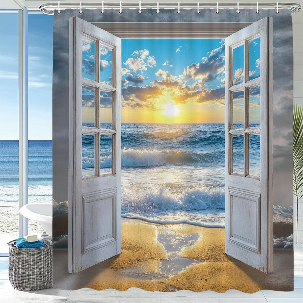 

Seaside Beach Scenery Outside The Window Shower Curtain, Bathroom Decorative Curtain With Hooks,Home Decoration Curtain W60H190(CM)-1 Pcs