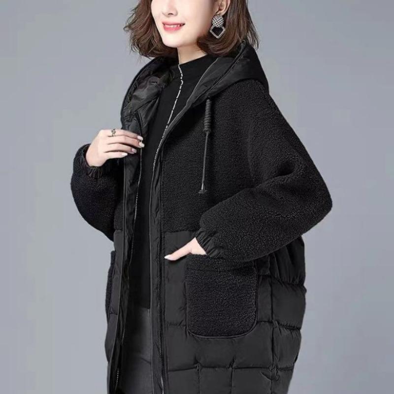 Cappotto invernale da donna alla moda, spesso e caldo, in cotone, con cappuccio, termico, di media lunghezza, in lana d'agnello