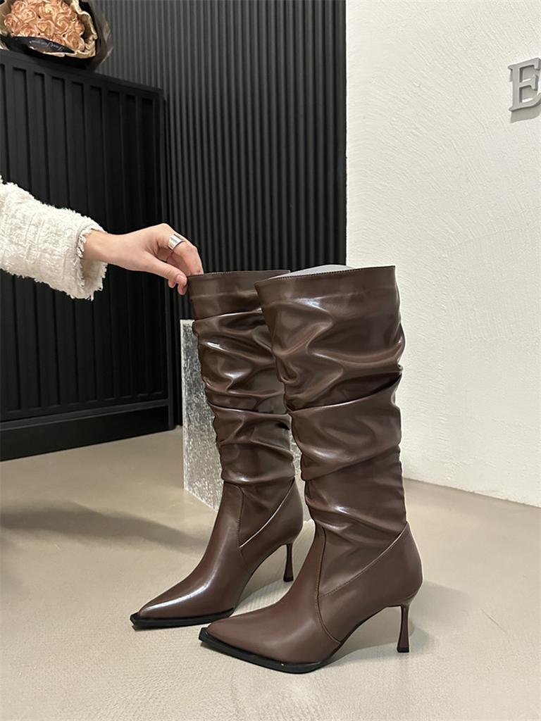 Fashion Pointed Toe Women Knee High Boots Black Brown White Winter Knight Botas Thin High Heels Shallow Slip On Party Chelsea Botas 39