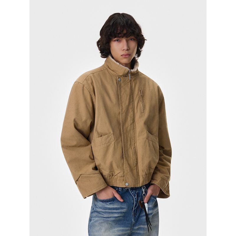 Blaexit Retro Vintage Lamb Wool Lined Jacket Men's Autumn and Winter Short American Workwear Jacket