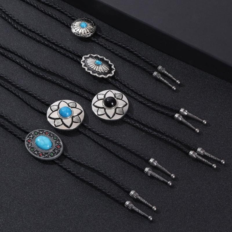 5Pcs Metal Flower Stone Cowboy Bolo Tie Western Faux Leather Rope Necktie Jewelry Shirt Collar Chain Vintage Necklace