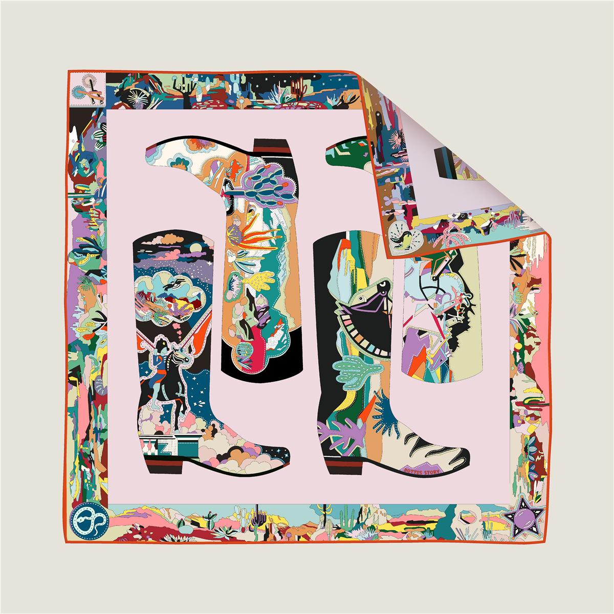 

New 90CM Curled Twill Silk Scarf Women Leather Boots Double Side Printed Square Scarves Wraps Echarpes Foulards Femme Hijab 90X90CM