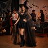 Satin Bow Halloween Witch Hat Cloak Set Hooded Mesh Halloween Cosplay Hooded Cape  Costume Accessor