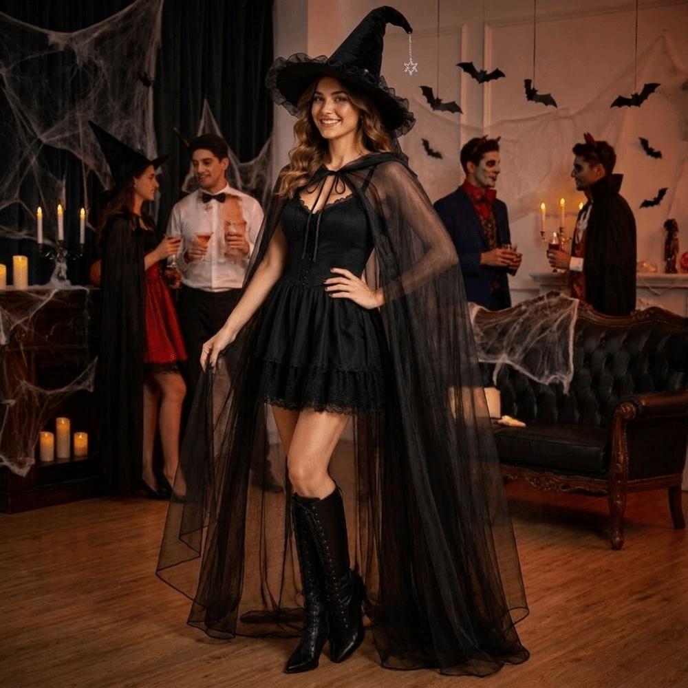 Satin Bow Halloween Witch Hat Cloak Set Hooded Mesh Halloween Cosplay Hooded Cape Costume Accessor