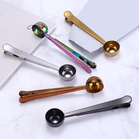 2-in-1 Löffel und Beutelclip, Messlöffel aus Edelstahl, Multifunktionaler Pulverversiegler für Milchkaffee, Luftdichter Clip