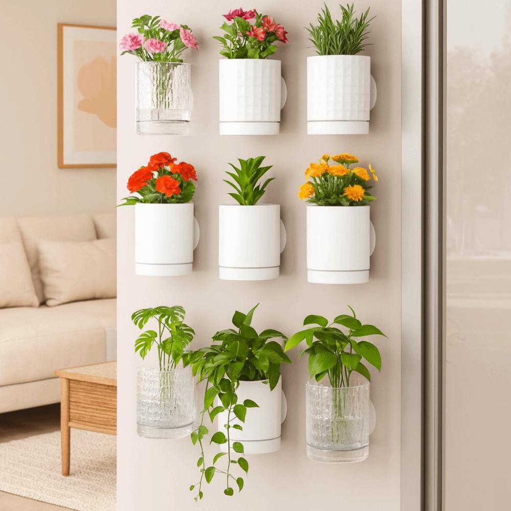 Plastic Hydroponic Wall Planter Self-Adhesive Double Layer Hanging Flower Pot Space Saving Decorative Wall Mounted Planter