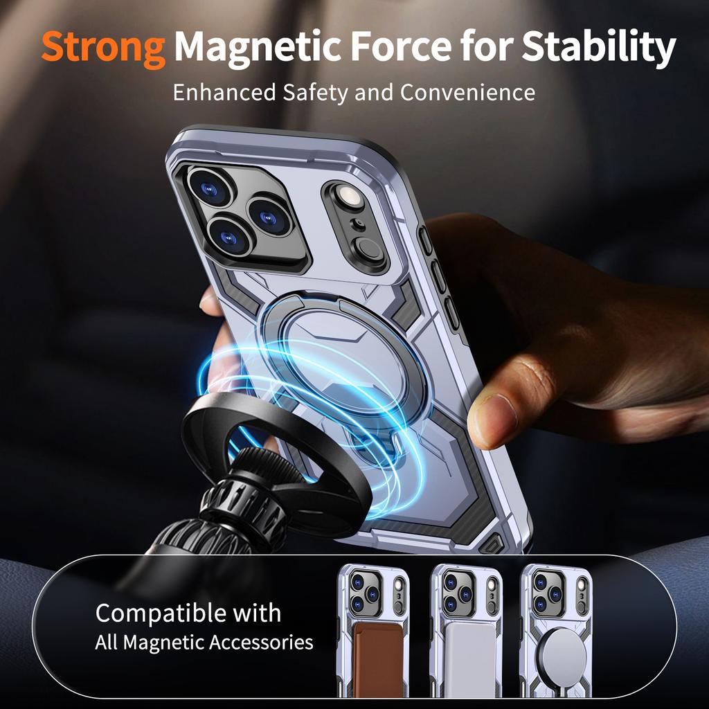 For iPhone 17 Pro Magnetic Case Ring Kickstand PC + TPU Hybrid Phone Cover