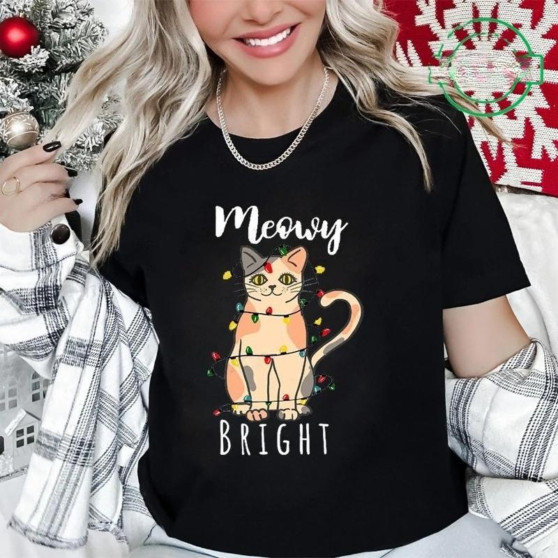 Funny Christmas Cat Printed T-Shirt Women Summer Fashion Tshirt Christmas Party Casual Fashion Tee Shirt Short Sleeve Tops