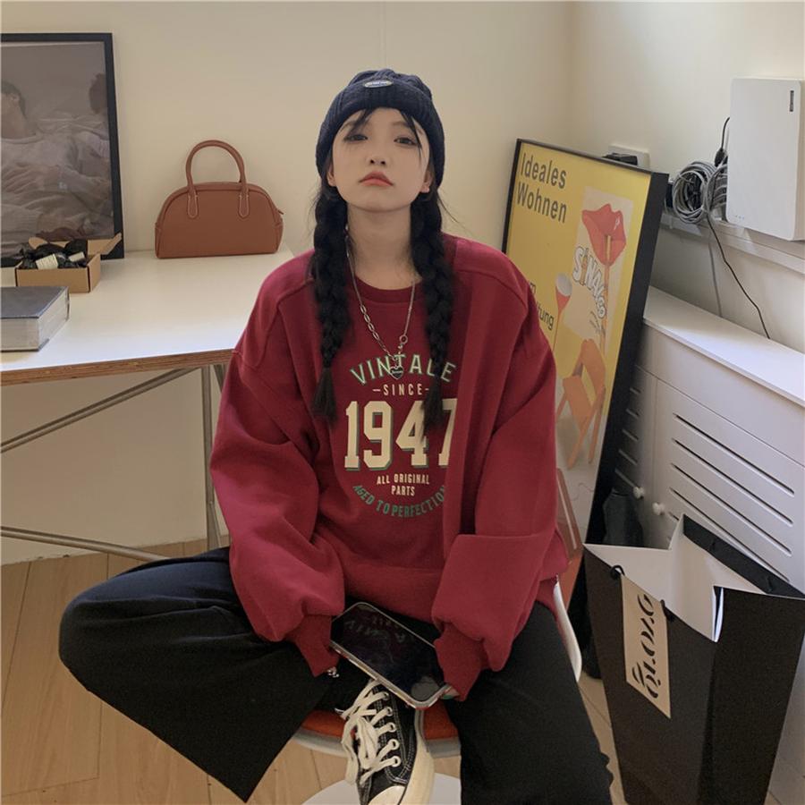 Spring/Autumn Women's Hoodie, Korean Style Loose Long Sleeve Fleece Crew Neck Sweatshirt for Women