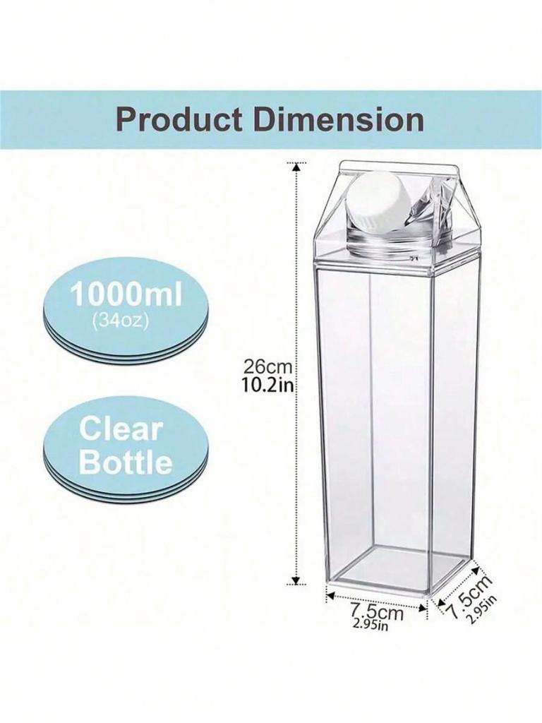 1 pc 500ml/1000ml large capacity milk box shaped water bottle, transparent square plastic water cup,