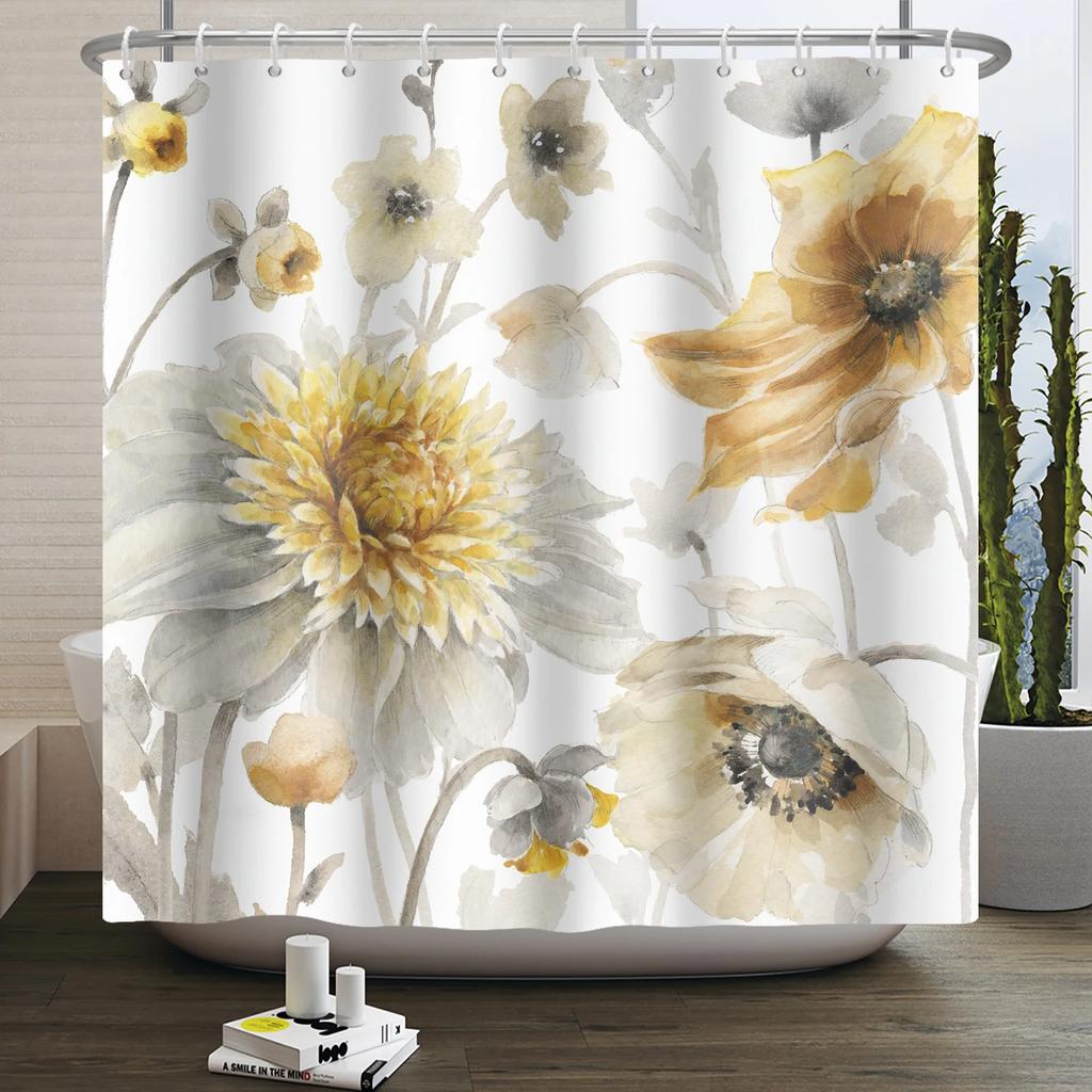 Floral Duschvorhang für Badezimmer Vintage Blume Schmetterling Wasserdichter Stoff Boho Badewanne Badezimmervorhang Mit Haken 180x240