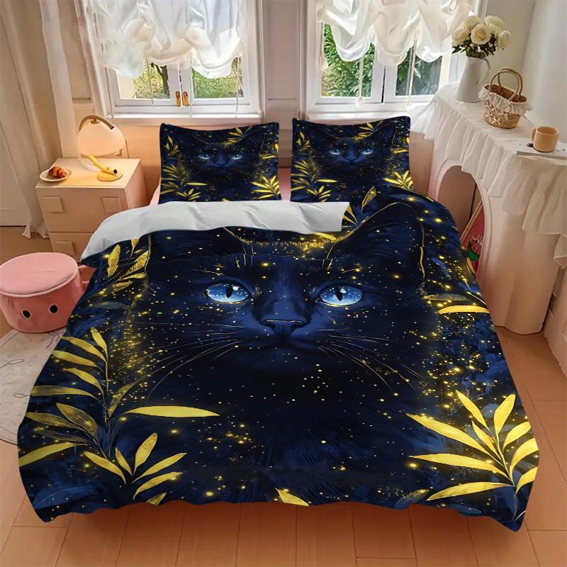 3pcs Midnight Black Cat Duvet Cover Set - Machine Washable, Includes 1 Cover and 2 Pillowcases, No Core Included Yy251013043
