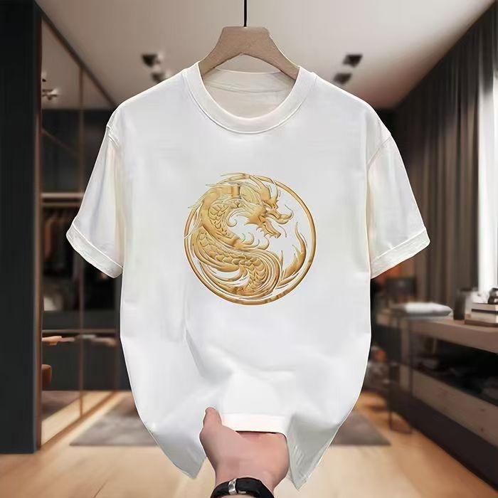 2025 Men's Solid Color Dragon Printing Casual Men's Versatile Crew Neck T-Shirt Large Size Loose Cotton Sports Short Sleeves