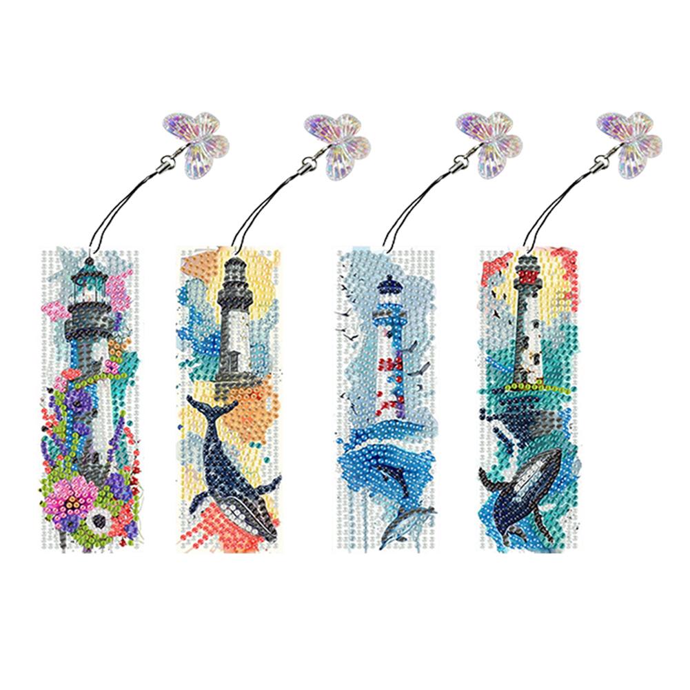 4Pcs Special Shaped Colorful Pattern Diamond Bookmark Art Project DIY Diamond Bookmark with Crystal Pendant for Reading Day Gift