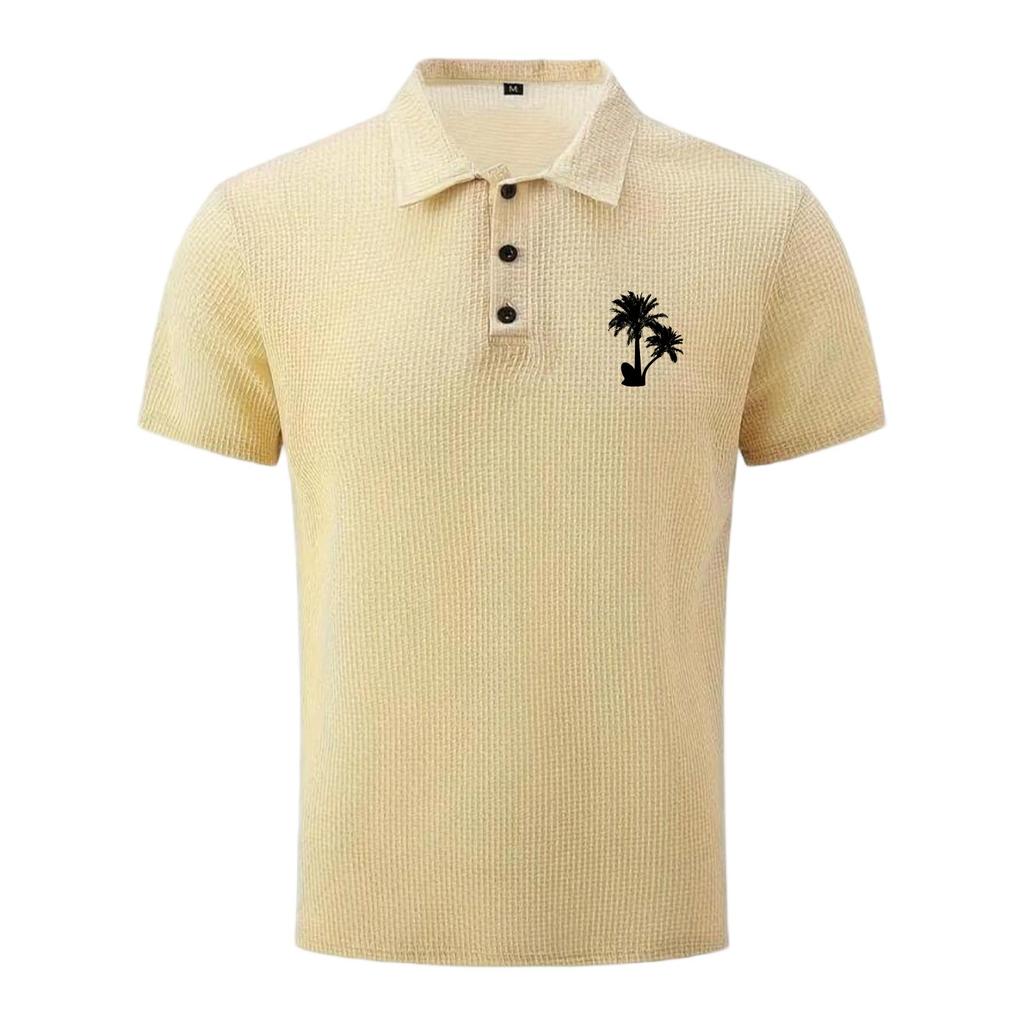 Men's Summer Premium Mesh Ice Silk Short Sleeve Polo Shirt Breathable Lightweight Casual Top with Palm Tree Embroidery