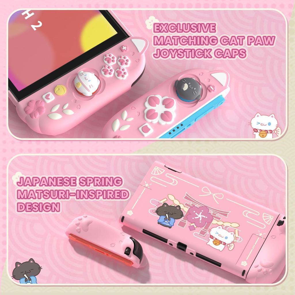 PlayVital Protective Cover Set for Switch Compatible with Switch 2 Includes Cat Ears Paw Silicone PC Adjustable Stand Japanese Sakura Kitten Design 2,