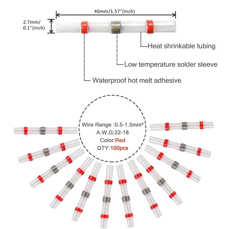 Red Colour 100PCS Waterproof Solder Sleeve Heat Shrink Tube Terminal Connector 22-18AWG