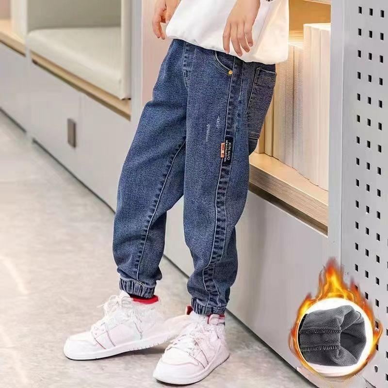 Boys' Jeans Plus Velvet Autumn and Winter Big Children's Trend Pants All-in-one Velvet Children's Trousers