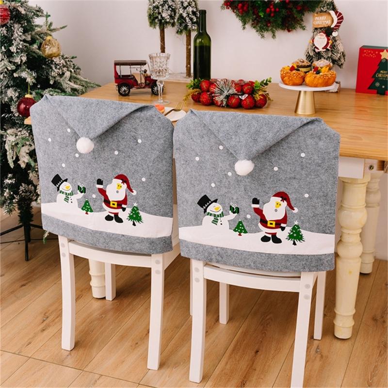 Chair Covers Gray Santa Hat Shape for Dining Room Chair Back Cover Slipcover for Christmas Holiday Festival Decoration