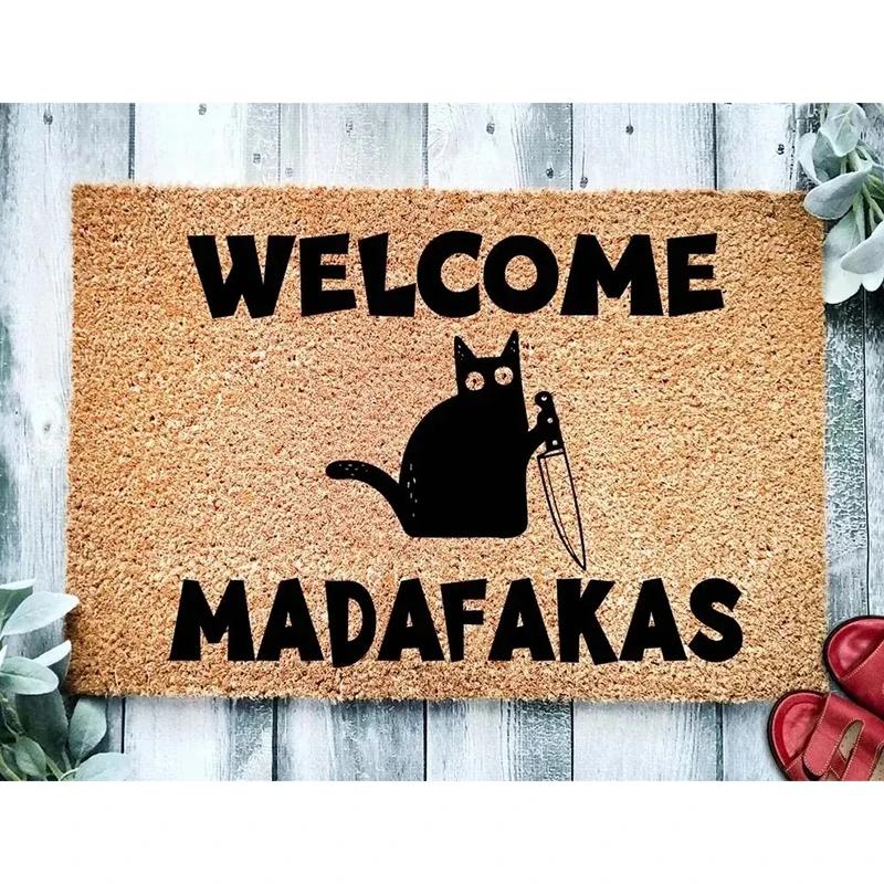 Black Cat Welcomes Madafakas Printed Doormat Home Decor Fun Kitchen Bedroom Rug Indoor Outdoor Entryway Doormat