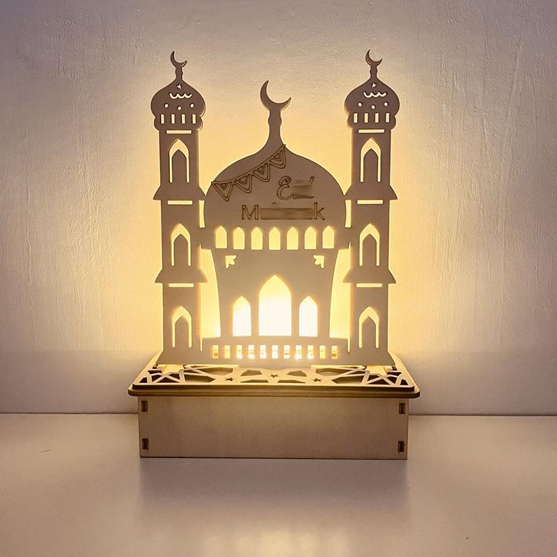 Hölzerne Eid-Dekoration Nachtlicht Ramadan Desktop-Ornament DIY LED-Lampe Handwerk Islamisch Muslimische Heimparty Dekoration Geschenke