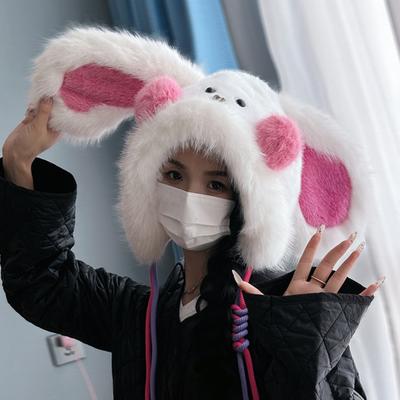 Zimní čepice s králičími uši, šněrovací, elastická, teplá čepice, zimní zesílená plyšová větruodolná čepice Lei Feng, čepice do chladného počasí