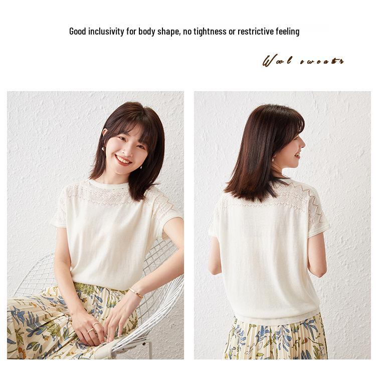Ice Silk Hollow-Out Knit T-shirt for Moms - Lightweight, Loose-Fit Short-Sleeve Summer Top for Middle-Aged Women.