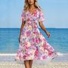 Women's Summer Fashion V-Neck Flared Dress Short Sleeve Floral Dresses