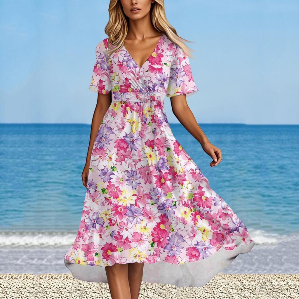 Women's Summer Fashion V-Neck Flared Dress Short Sleeve Floral Dresses