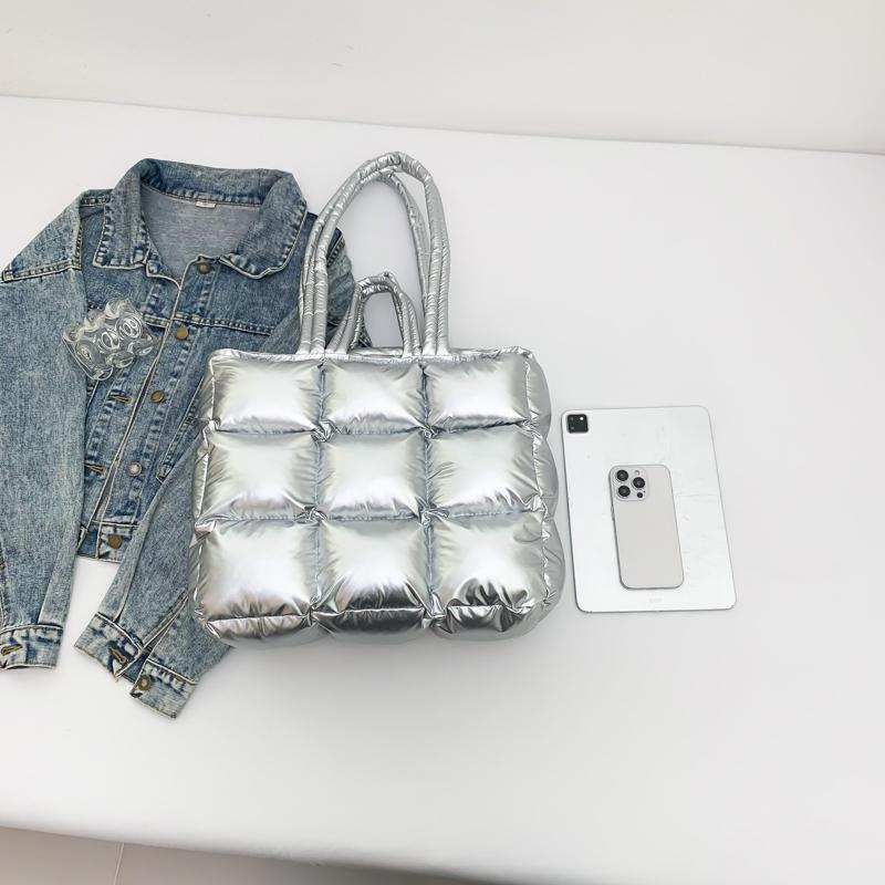 Fashion Lightweight Women Shiny Puffer Tote Bag Female Quilted Padded Soft Shoulder Bag Luxury Puffy Handbags for Winter