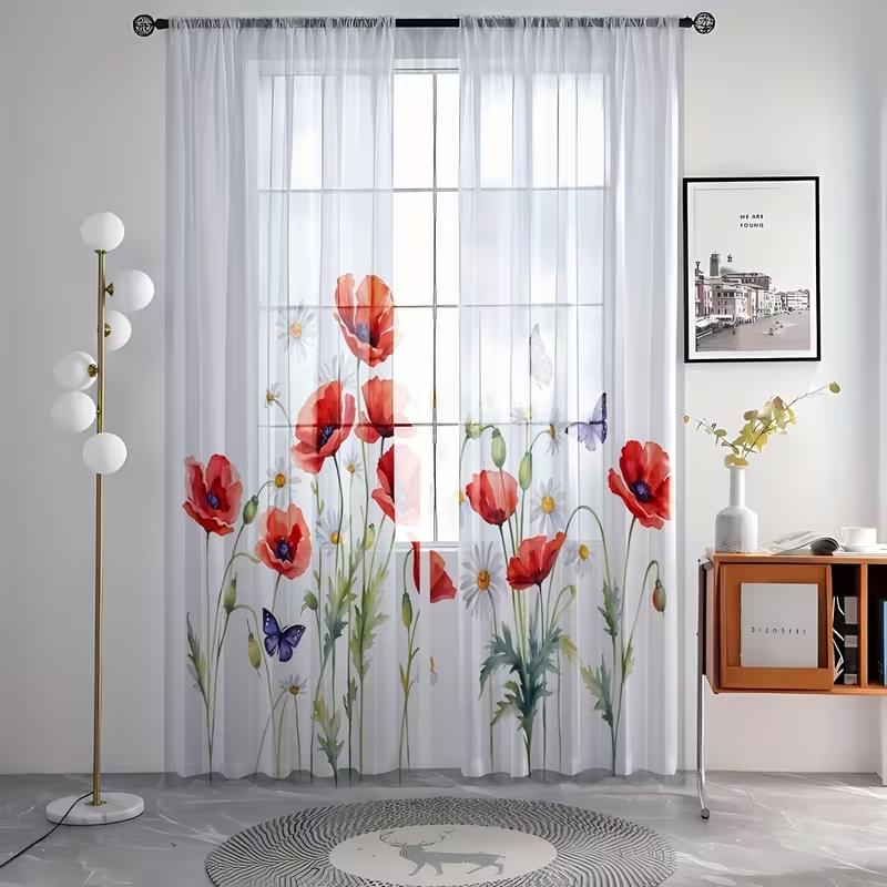2PC Watercolor Red Poppy Daisy Butterfly Sheer Curtains - Boho Chic Light Filtering Window Drapes for Bedroom LivingRoom  Decor