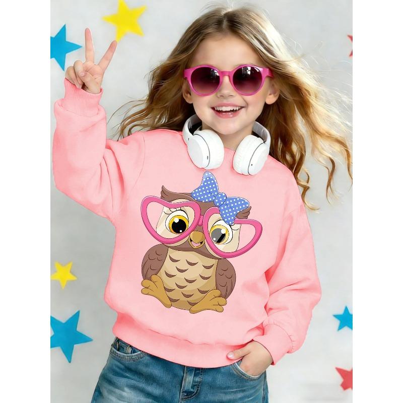 Kids Sweatshirt , Round Neck Sweatshirt Spring Autumn Cartoon Owl Big-Eyed Heart Glasses Bow Cute Print Casual Sweatshirt