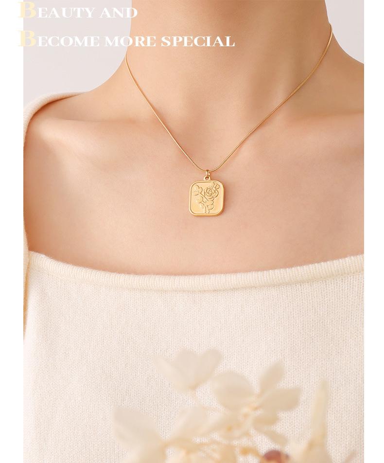French Retro Rose Pendant Necklace - Gold Plated Stainless Steel Square Design with Clavicle Chain