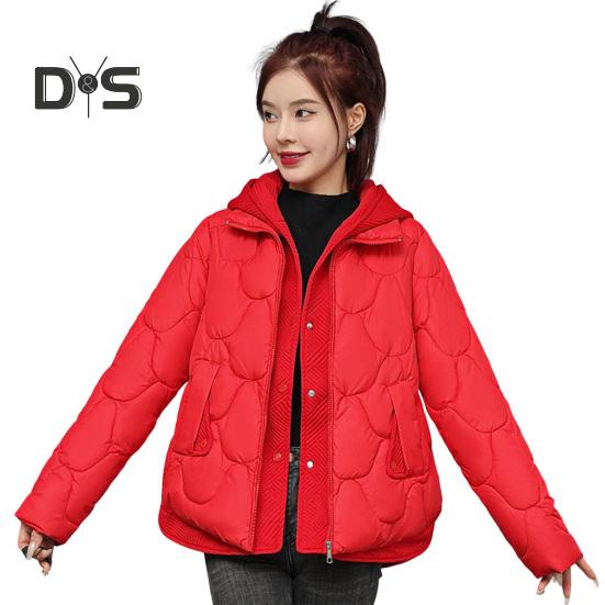 Women Winter Coat Fake Two-piece Zipper Button Closure Padded Hooded Turn-down Collar Pure Color Thin Short Type Down Cotton Filling Jacket