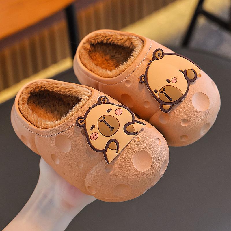Autumn and Winter Children's Cotton Slippers for Both Boys and Girls, Warm and Plush Waterproof, Medium and Large Children's Bags with Cotton Heels