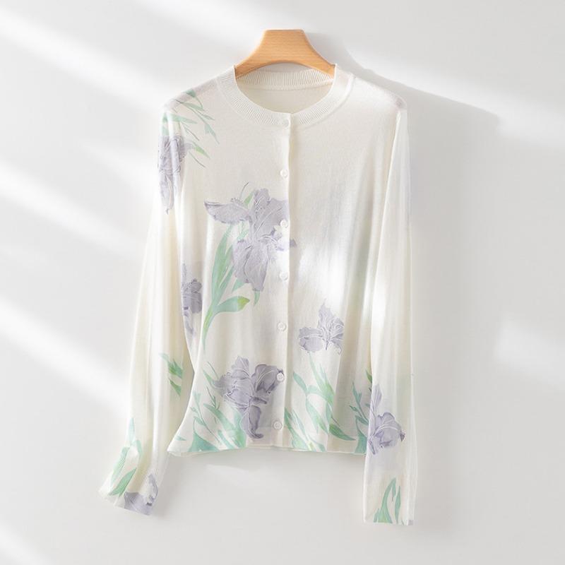 

Acetic acid + wool painted printing knitted crew neck cardigan women s summer new sunscreen top thin L