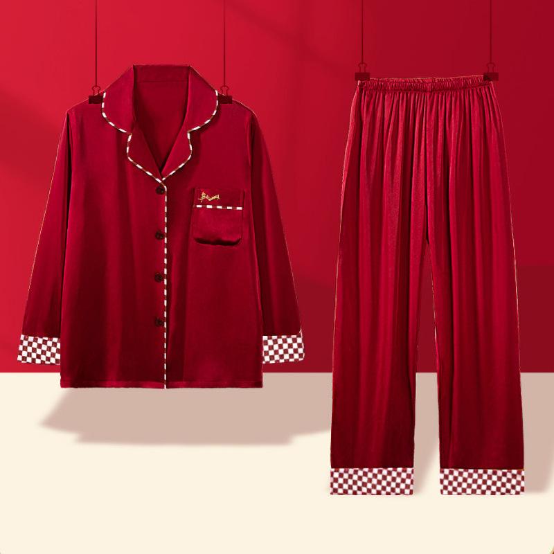 Pajamas Spring Long Sleeves Simulation Silk Homewear Premium English Embroidery Red Set