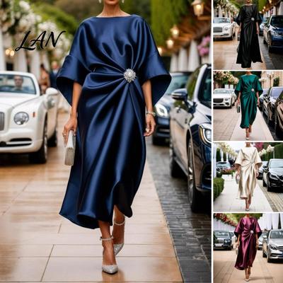 Leichtes Sommerkleid Damen Satin Fledermausärmel Maxikleid, Strassstein Akzent Rundhalsausschnitt Elegant Einfarbig Abendparty A-Linie Formell Hochzeit