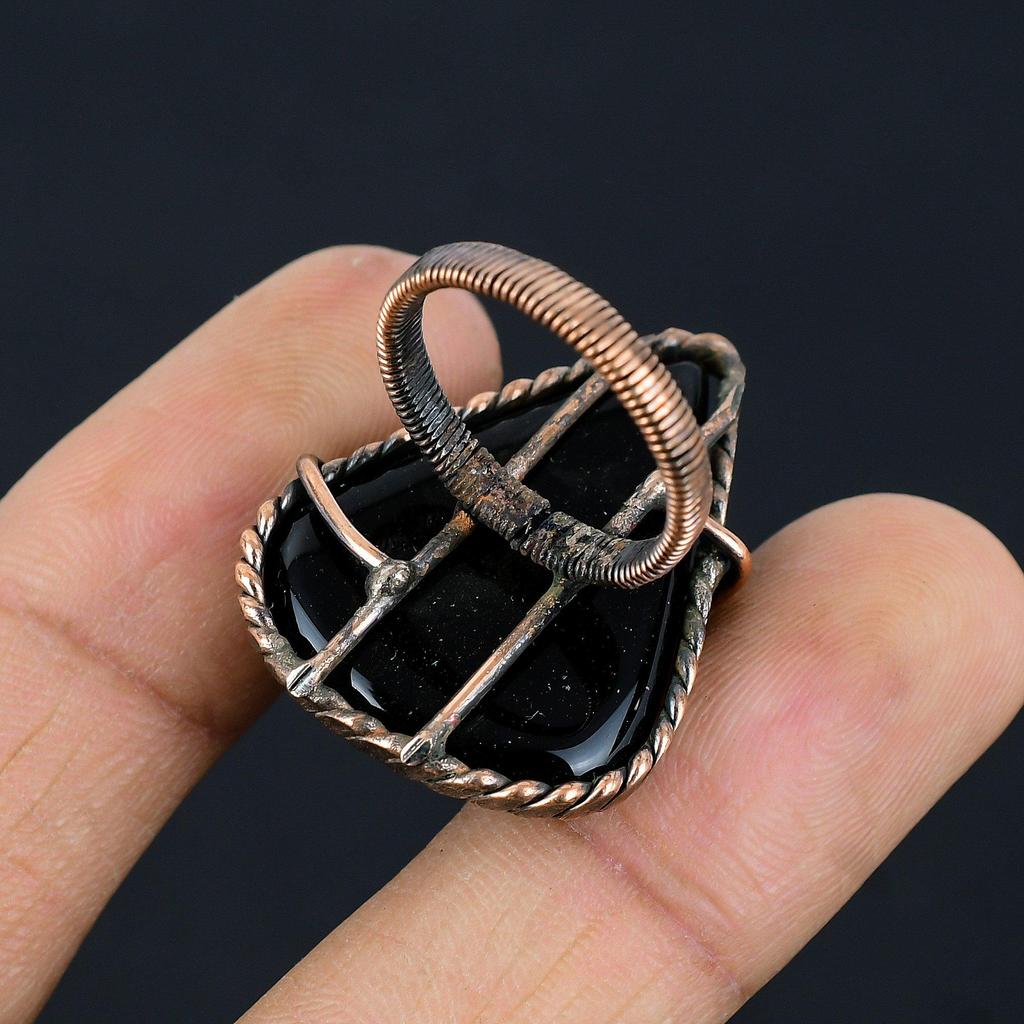 Black Onyx Gemstone Copper Wire Wrapped Handmade Jewelry Ring For Woman